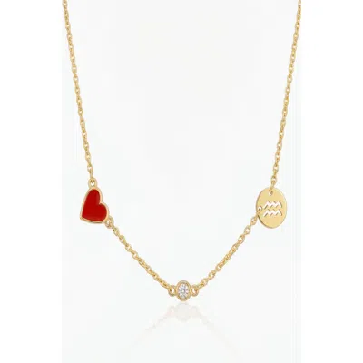 Oak & Luna Inez Red Heart Necklace With Diamond & Zodiac Sign In Gold