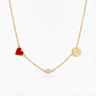 Oak & Luna Inez Red Heart Necklace With Diamond & Zodiac Sign In Gold