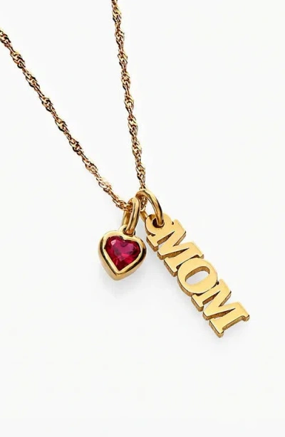 Oak & Luna Singapore Chain "mom" Necklace With Heart Shaped Ruby Gemstone In Gold