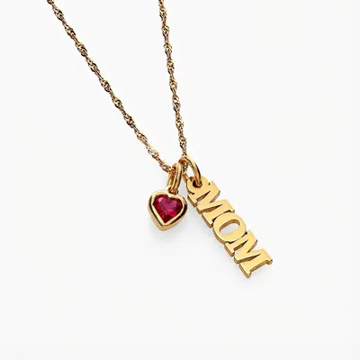 Oak & Luna Singapore Chain "mom" Necklace With Heart Shaped Ruby Gemstone In Gold