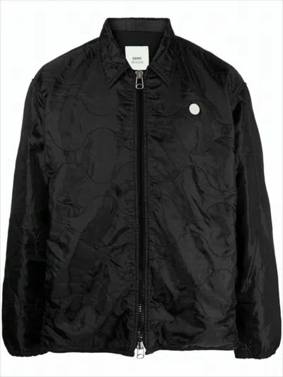 Oamc Wave-stitched Black Quilted Jacket With Classic Collar