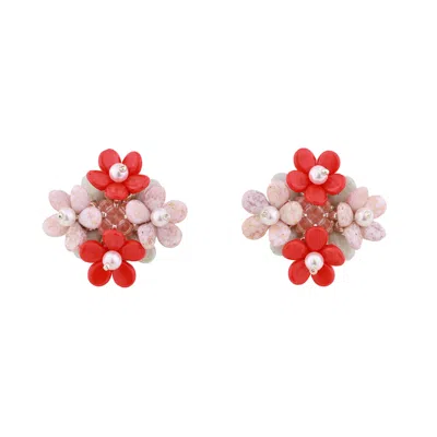 Oanasavu.creations White / Pink / Red Red Ear Studs Women Beaded Earrings Glass Beads Swarovski Pearls In Multi