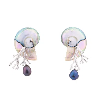 Oanasavu.creations Women's Blue / Pink / Silver Nautilus Shell Sterling Silver Coral Branch Ear Studs Earrings In Multi