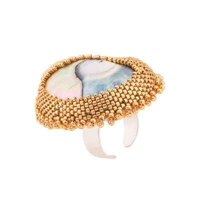 Oanasavu.creations Women's Blue / Silver / Gold Hand Beaded Nautilus Shell Ring Gold Adjustable Sterling Silver In Multi