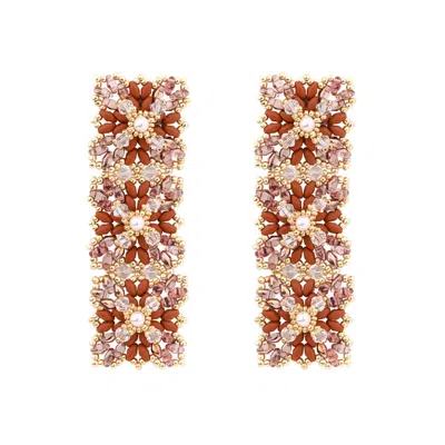Oanasavu.creations Women's Brown / Gold Brown Glass Beads & Silver Lace Design Long Elegant Earrings In Multi
