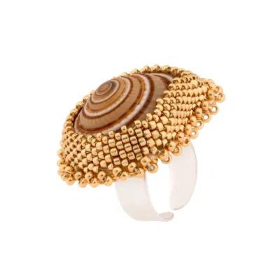 Oanasavu.creations Women's Brown / Gold / White Sea Shells Gold Glass Beads Unique Ring Summer Ocean Inspired In Multi