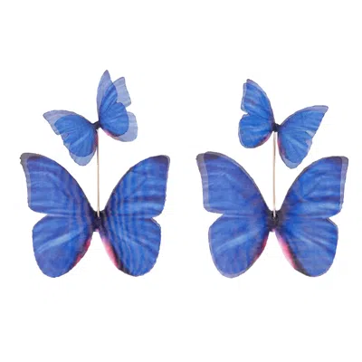 Oanasavu.creations Women's Dark Blue Silk Butterfly Earrings Sterling Silver Statement Dangle Ear Wires