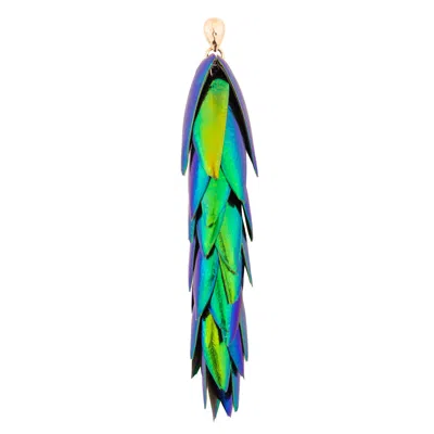 Oanasavu.creations Women's Gold / Green Beetle Wings Earrings Extra Long Drop Single Statement Earring Gold Ear Stud In Multi