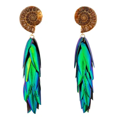 Oanasavu.creations Women's Gold / Green / Brown Beetle Clip On Earrings Natural Recycled Wings Large Ammonite Fossils In Multi