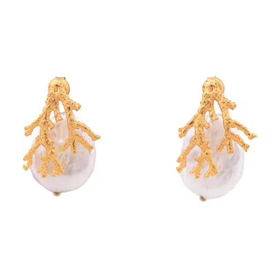 Oanasavu.creations Women's Gold / White Gold Coral Branch Earrings White Freshwater Pearls Wedding Bridal Ear Studs In Multi