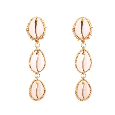 Oanasavu.creations Women's Gold / White Sea Shells & Gold Glass Beads Long Statement Earrings In Multi