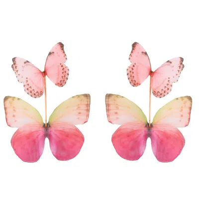 Oanasavu.creations Women's Pink / Gold Blush Rose Pink Silk Butterfly Earrings Layered Butterfly Dangle Gold Ear Wires In Multi