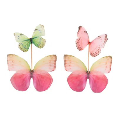 Oanasavu.creations Women's Pink / Gold / Green Mismatched Silk Butterfly Earrings Green Pink Statement Pair In Multi