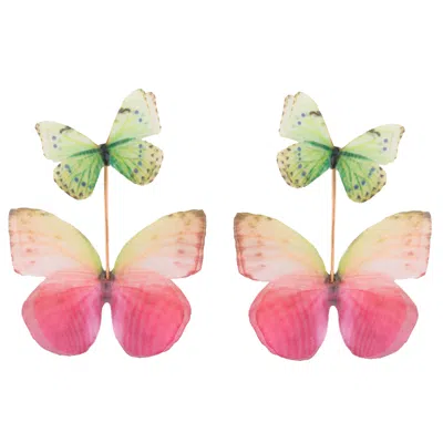 Oanasavu.creations Women's Pink / Gold / Green Rose Pink Mint Sage Silk Butterfly Gold Earrings Nature Inspired Dangle  In Multi