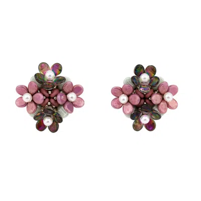 Oanasavu.creations Women's Pink / Purple Purple Glass Beads & Silver Flowers Earrings In Multi