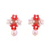 Oanasavu.creations Women's Red / Pink / White Pearls Earrings Sterling Silver Studs Glass Beads Hand Beaded In Multi