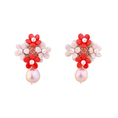Oanasavu.creations Women's Red / Pink / White Pearls Earrings Sterling Silver Studs Glass Beads Hand Beaded In Multi