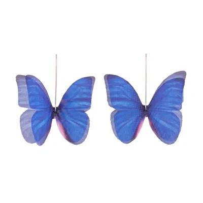 Oanasavu.creations Women's Silver / Blue Blue Silk Butterfly Earrings Fairy Wings Goddess Dangle Ear Wires In Multi