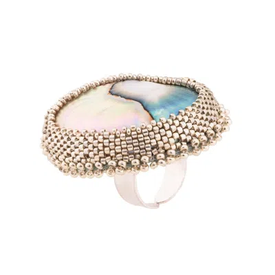 Oanasavu.creations Women's Silver / Blue Silver Beaded Nautilus Seashell Shell Ring Adjustable Sterling Silver In Multi