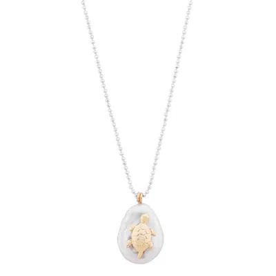 Oanasavu.creations Women's Silver / Gold / White Freshwater White Baroque Pearl Gold Turtle Charm Sterling Silver Chain In Multi