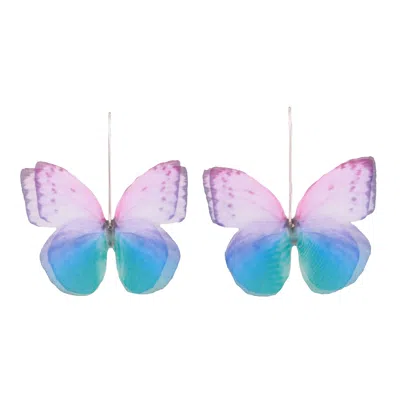 Oanasavu.creations Women's Silver / Purple / Pink Silk Butterflies Earrings Sterling Silver Wire Dangle Drop Jewelry In Multi