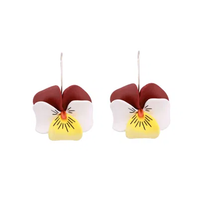 Oanasavu.creations Women's Silver / White / Brown Sterling Silver Burgundy Pansy Flower Dangle Earrings