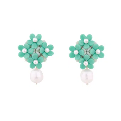 Oanasavu.creations Women's White / Blue / Green Turquoise Freshwater Baroque Pearl Earrings Silver Ear Studs In Multi