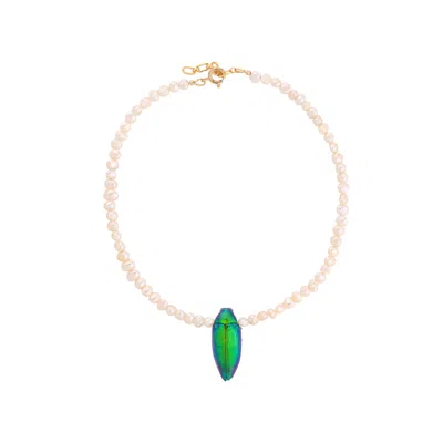 Oanasavu.creations Women's White / Green / Gold Beetle Real Scarab Freshwater Pearls Gold Necklace In Multi