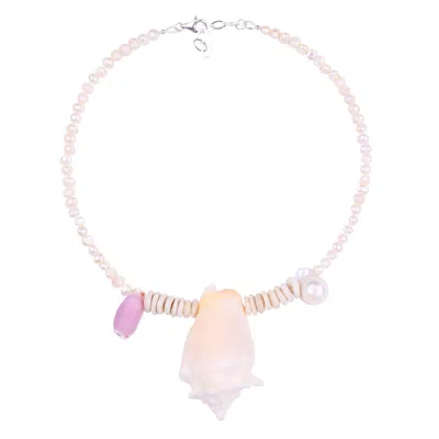 Oanasavu.creations Women's White / Purple Beach Summer Holiday Necklace Sea Shells Pendant Pearls Silver In Multi