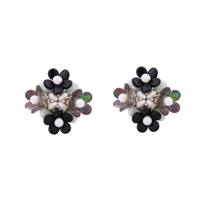 Oanasavu.creations Women's White / Silver / Black Black Ear Studs Beaded Flowers Earrings In Multi