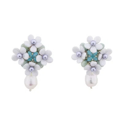 Oanasavu.creations Women's White / Silver / Blue Bridal Earrings Bride White Flower Sterling Silver Ear Studs In Multi