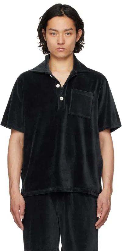 Oas Black Girona Velour Polo In Nearly Black
