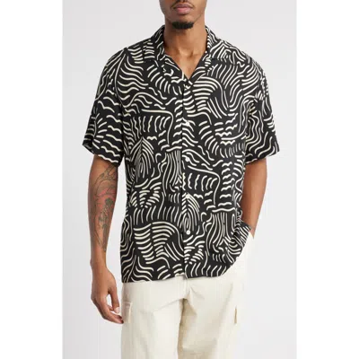 Oas Lorenzo Abstract Botanic Print Viscose Camp Shirt In Black