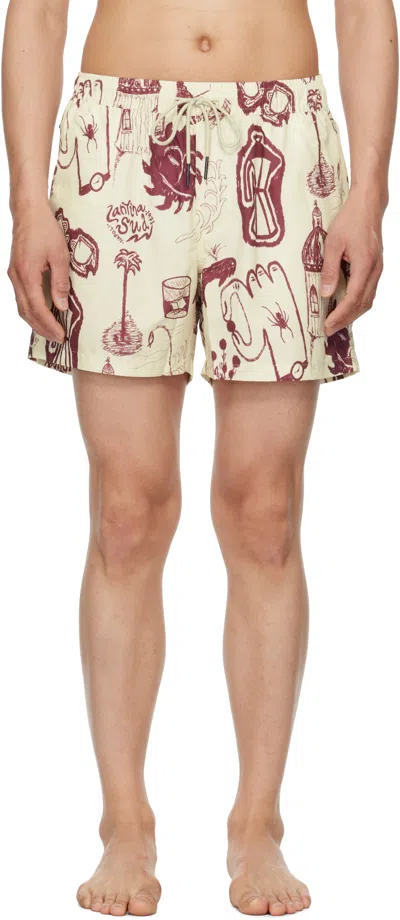 OAS OFF-WHITE & BURGUNDY CANTINA SWIM SHORTS