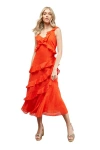 Oasis Dobby Ruffle V-neck Tiered Midi Dress In Orange