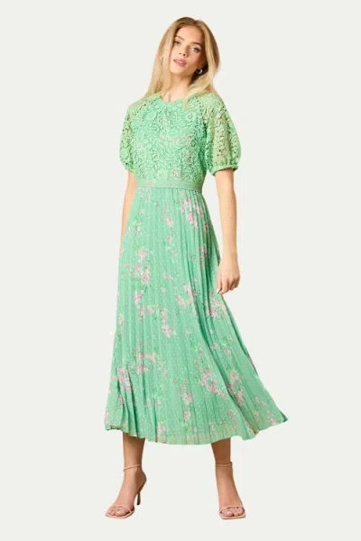 Oasis Floral Lace Bodice Pleated Midi Dress In Green