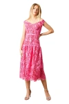 Oasis Floral Lace Off The Shoulder Midi Dress In Pink