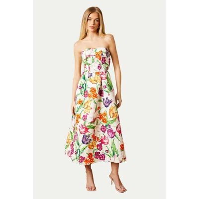 Oasis Floral Twill Strapless Midi Dress In Multi
