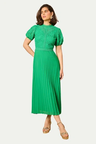 Oasis Lace Puff Sleeve Pleated Midi Dress In Green