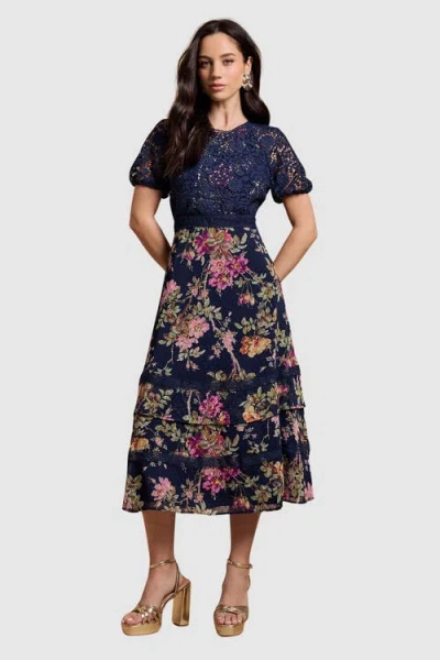 Oasis Petite Lace Bodice Midi Dress In Blue