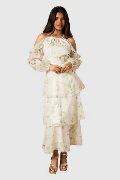 Oasis Petite Organza Cold Shoulder Midi Dress In White