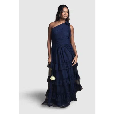 Oasis Pleated One Shoulder Tiered Maxi Dress In Blue