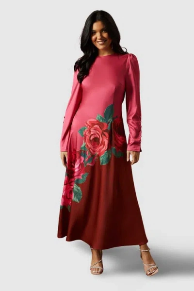 Oasis Premium Satin Placement Print Maxi Dress In Red