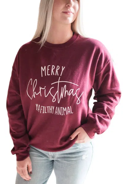 Oat Collective Merry Christmas Ya Filthy Animal Crew Sweatshirt In Burgundy In Red