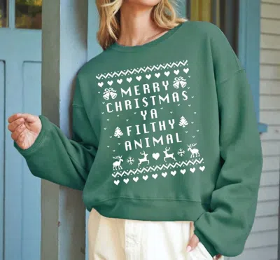 Oat Collective Merry Christmas Ya Filthy Animal Sweatshirt In Heather Forest In Green