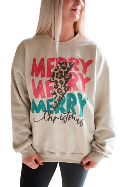 Oat Collective Merry Merry Merry Christmas Sweatshirt In Sand In Beige