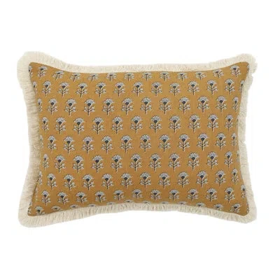 Obeetee Flora Cotton Fringed Edges Fringed Throw Pillow Cover In Gold