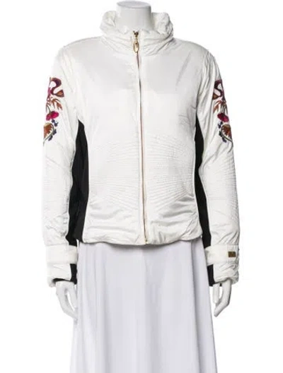 Pre-owned Obermeyer Nylon Graphic Print Bomber Jacket In White