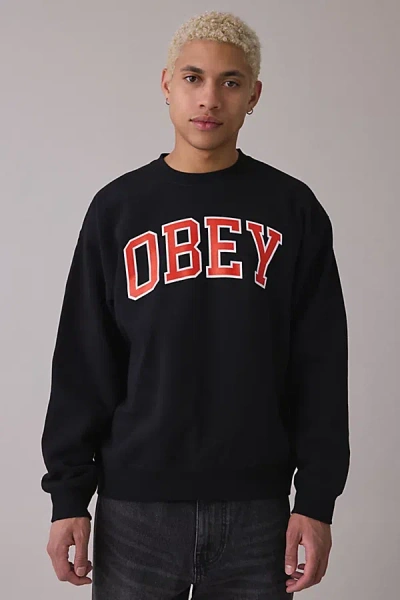 Obey Academic Logo Crew Neck Sweatshirt In Black, Men's At Urban Outfitters