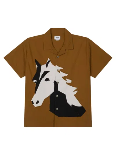 Obey Beau Cuban Shirt Short Sleeves With Applied Print - Breen Multi In Brown
